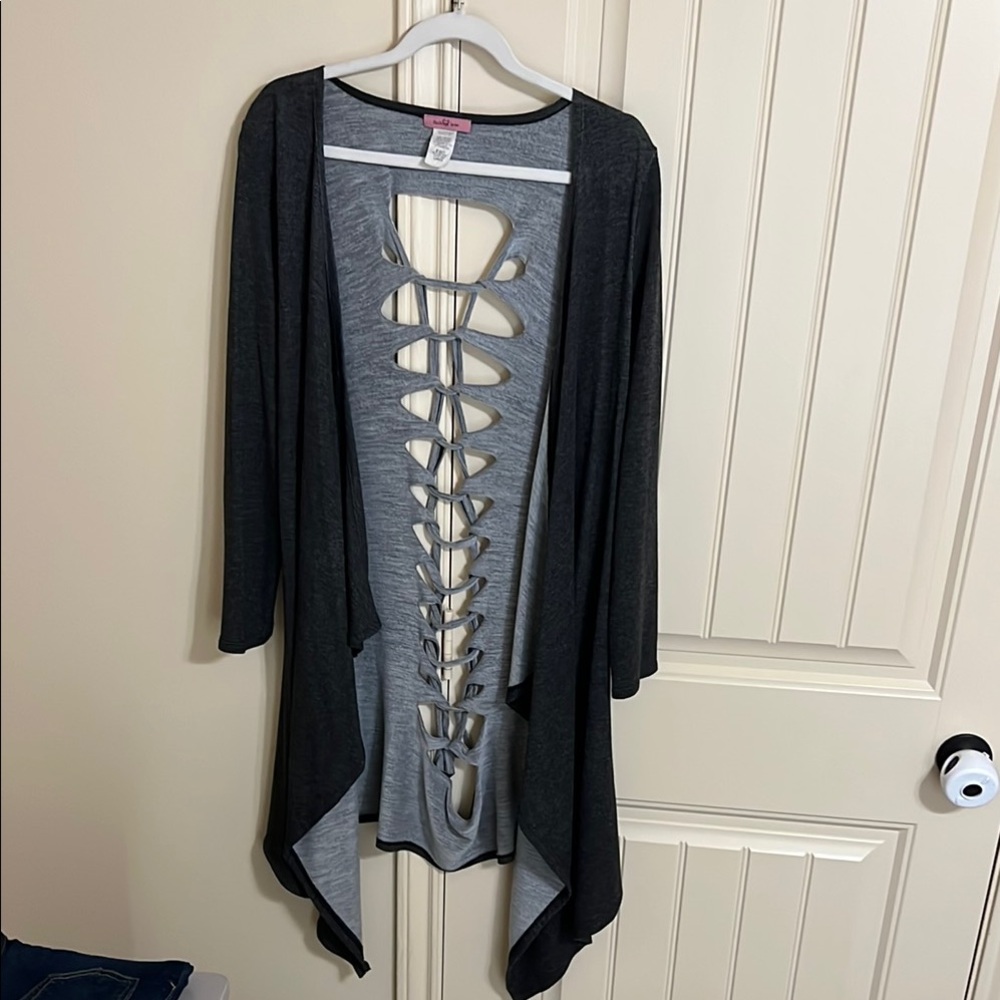 Gray and Black Open Cardigan with Lace-Up Back